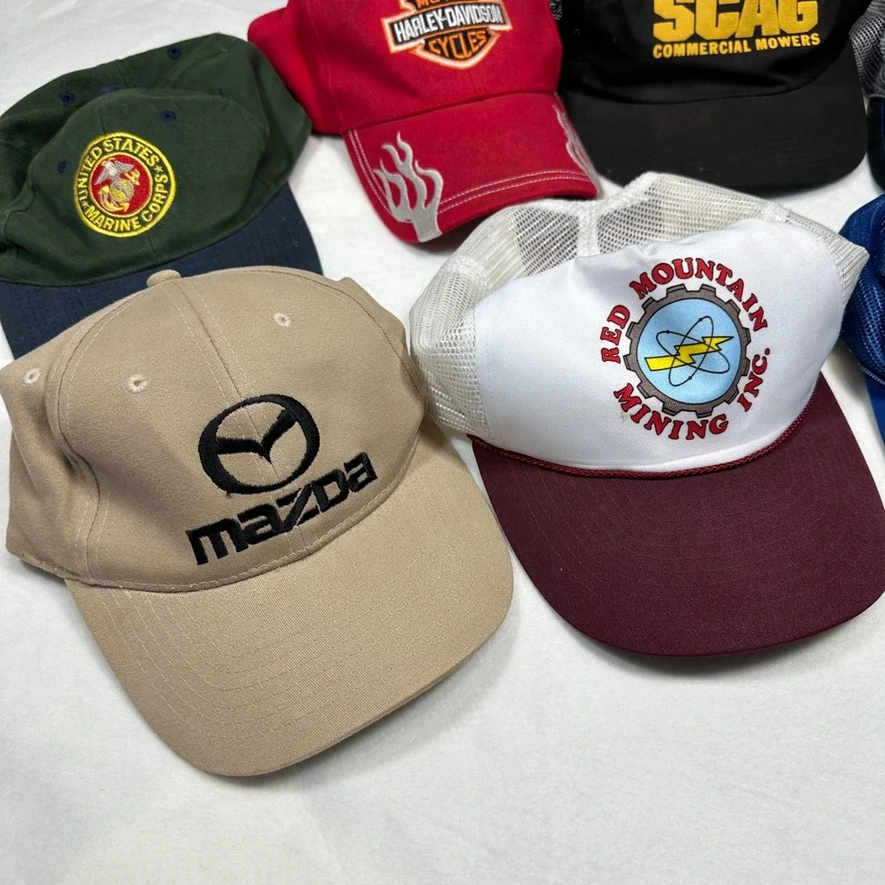 Vintage Hat Lot 7pc Harley Davidson Mazda Keystone Light USMC Trucker Caps